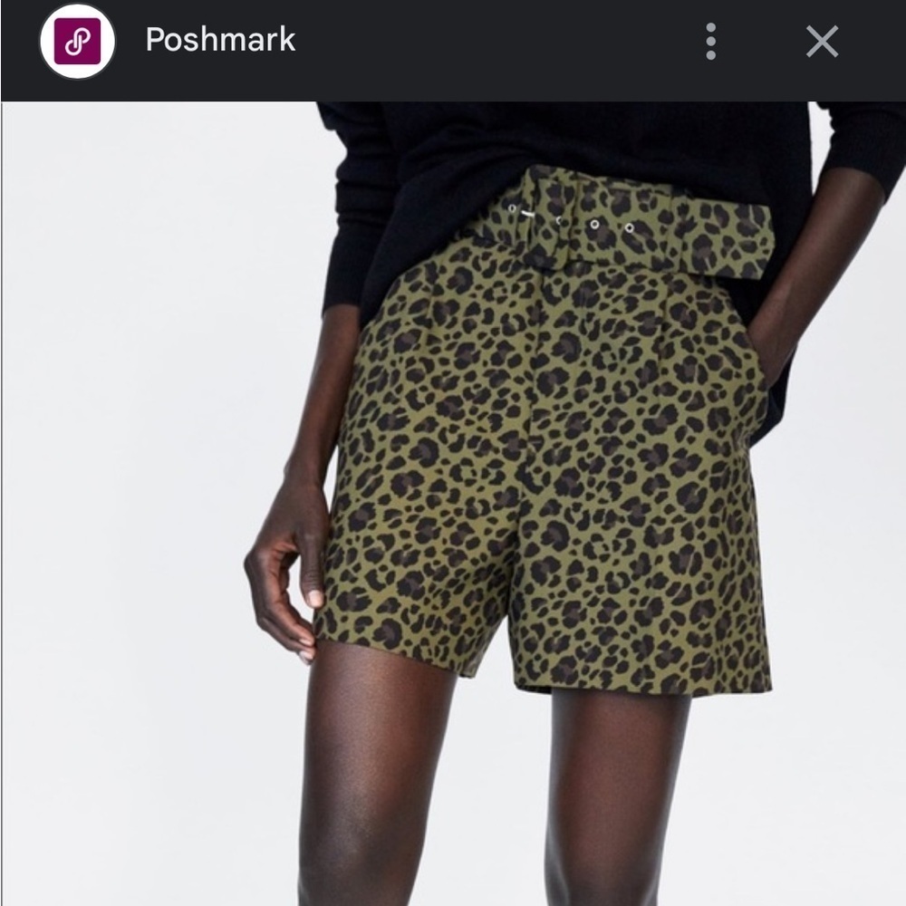ZARA green and black leopard belted shorts size M